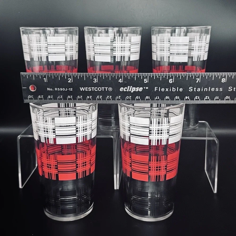 (5) Vintage Barware Hi-Ball Cocktail Glass Tumblers Black White & Red Plaid 5
